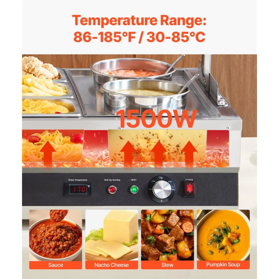 VEVOR Electric Soup Warmer, Two 6.34QT Pots & Six 1/3 Pans, Stainless Steel Commercial Food Warmer with 86~185°F Adjustable Temp, 1500W Bain Marie with Cover, Soup Station for Restaurant, Buffet