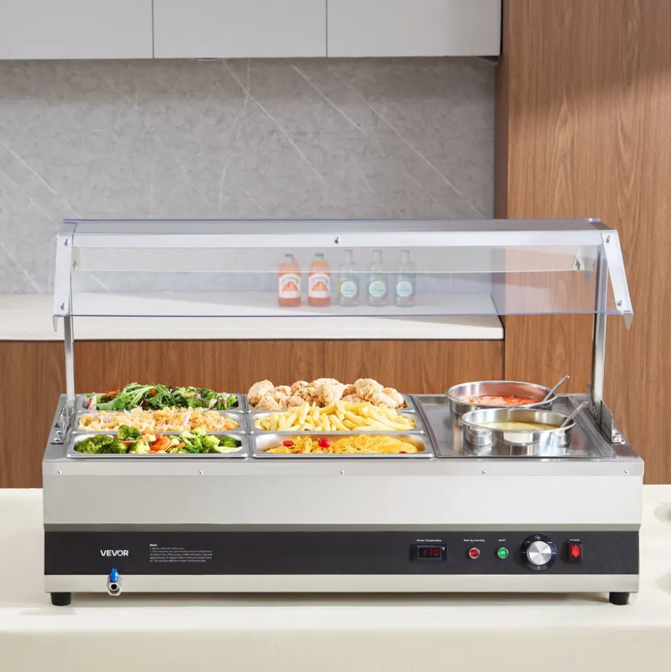 VEVOR Electric Soup Warmer, Two 6.34QT Pots & Six 1/3 Pans, Stainless Steel Commercial Food Warmer with 86~185°F Adjustable Temp, 1500W Bain Marie with Cover, Soup Station for Restaurant, Buffet