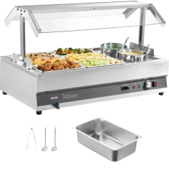 VEVOR Electric Soup Warmer, Two 6.34QT Pots & Six 1/3 Pans, Stainless Steel Commercial Food Warmer with 86~185°F Adjustable Temp, 1500W Bain Marie with Cover, Soup Station for Restaurant, Buffet