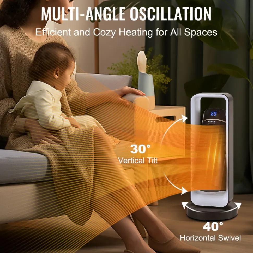 VEVOR Electric Space Heater with Thermostat Remote Control, 1000W/1500W 2-Level Adjustable Quiet Ceramic Heater Fan, 20 in Tip-Over Shutdown Overheat Protection Small Heaters for Office Room Desk Indo