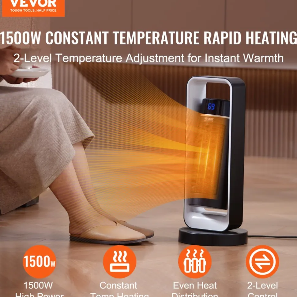 VEVOR Electric Space Heater with Thermostat Remote Control, 1000W/1500W 2-Level Adjustable Quiet Ceramic Heater Fan, 20 in Tip-Over Shutdown Overheat Protection Small Heaters for Office Room Desk Indo