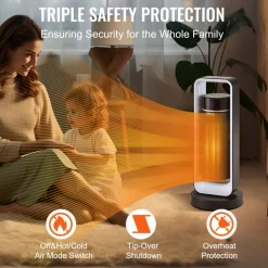 VEVOR Electric Space Heater with Thermostat Remote Control, 1000W/1500W 2-Level Adjustable Quiet Ceramic Heater Fan, 20 in Tip-Over Shutdown Overheat Protection Small Heaters for Office Room Desk Indo
