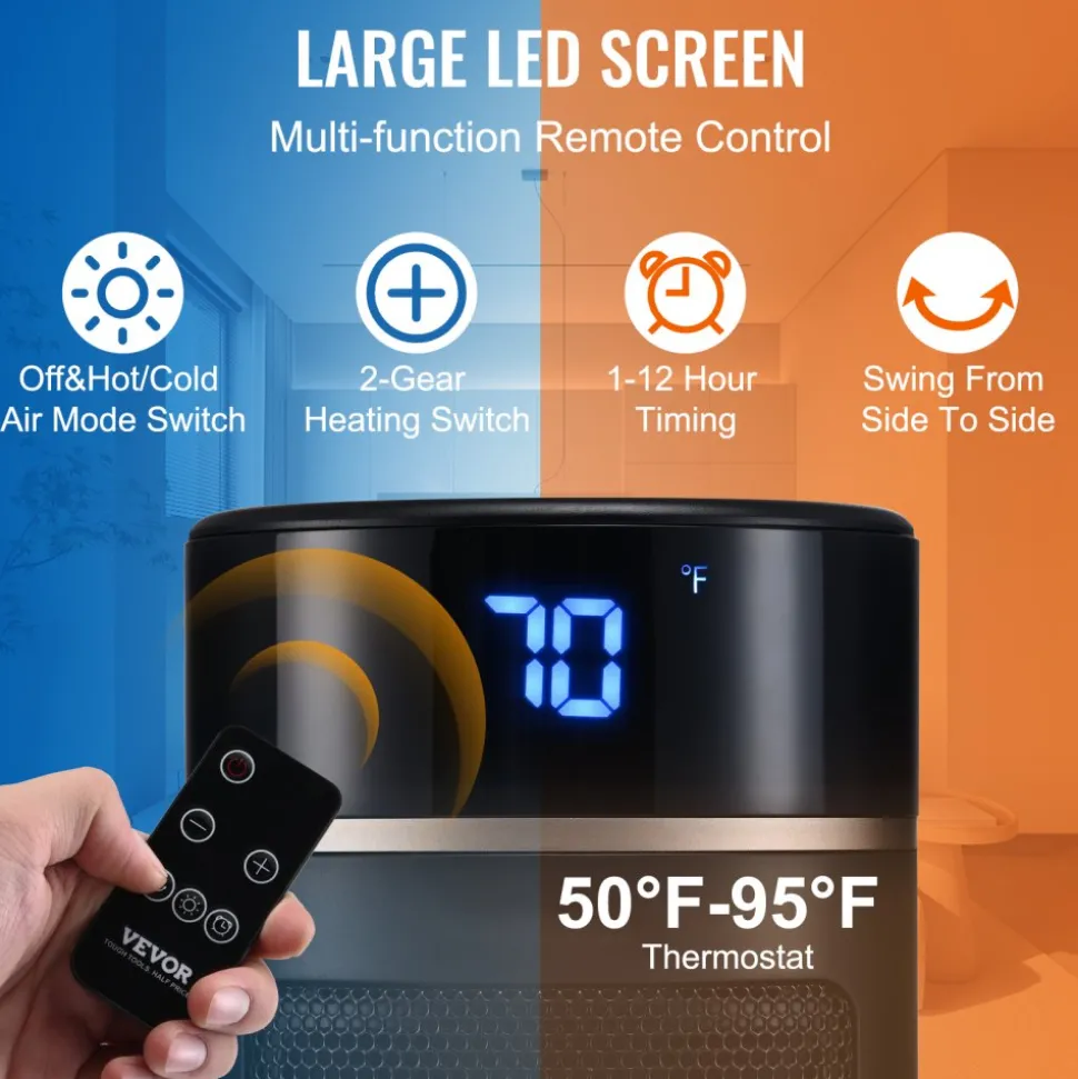 VEVOR Electric Space Heater with Thermostat Remote Control, 1000W/1500W 2-Level Adjustable Quiet Ceramic Heater Fan, 20 in Tip-Over Shutdown Overheat Protection Small Heaters for Office Room Desk Indo