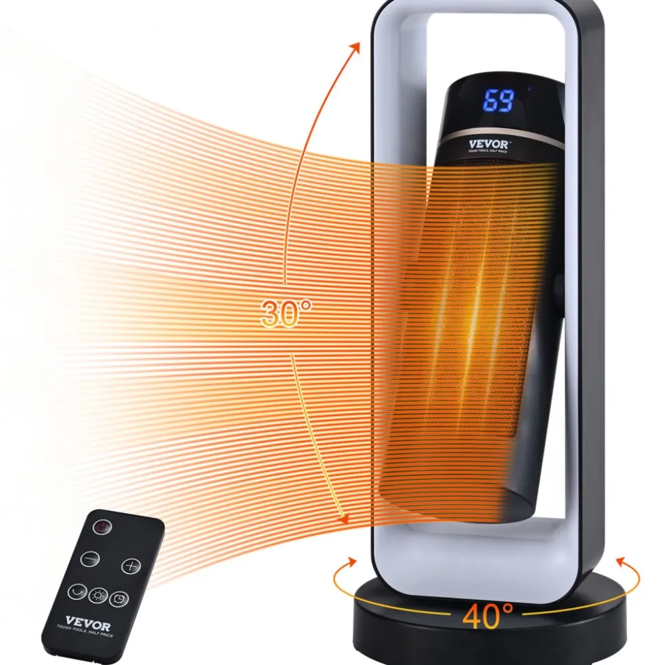 VEVOR Electric Space Heater with Thermostat Remote Control, 1000W/1500W 2-Level Adjustable Quiet Ceramic Heater Fan, 20 in Tip-Over Shutdown Overheat Protection Small Heaters for Office Room Desk Indo
