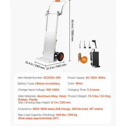 VEVOR Electric Stair Climbing Dolly, 440lbs Capacity Electric Stair Climbing Hand Trucks with 157.5in Rope & Folding Handle, Heavy Duty Stair Climber for Warehouse Logistics, Moving Furniture(Silver)