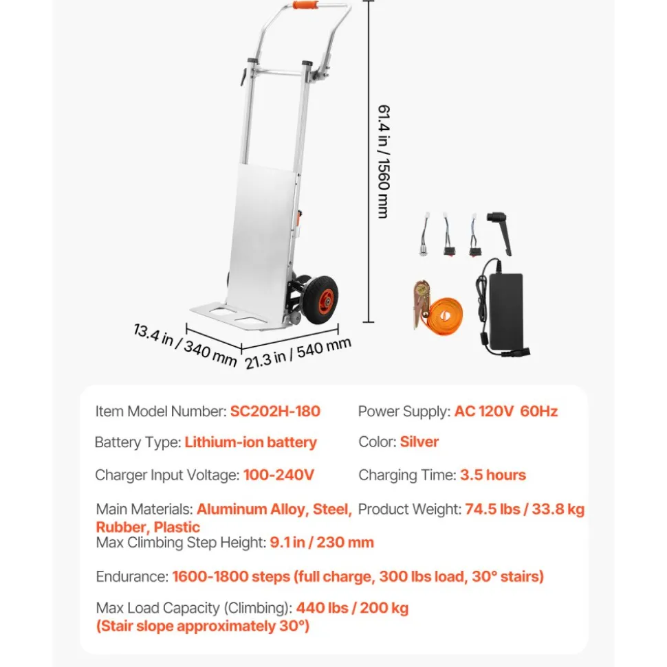 VEVOR Electric Stair Climbing Dolly, 440lbs Capacity Electric Stair Climbing Hand Trucks with 157.5in Rope & Folding Handle, Heavy Duty Stair Climber for Warehouse Logistics, Moving Furniture(Silver)