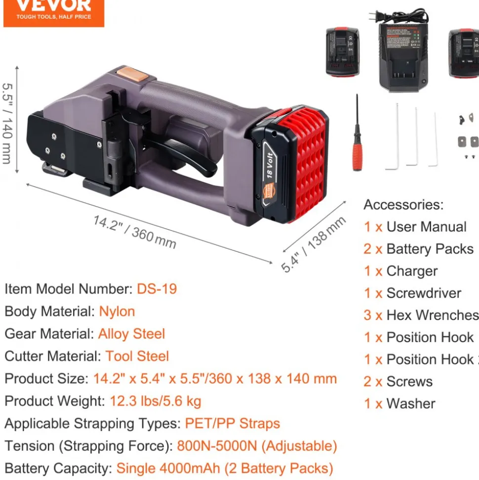 VEVOR Electric Strapping Machine, for 0.39"-0.75" PP PET Straps, Portable Electric Banding Tool with Digital Display, 2 x 4000mAh Battery Powered Automatic Strapping Tool for Packaging Box Pallet