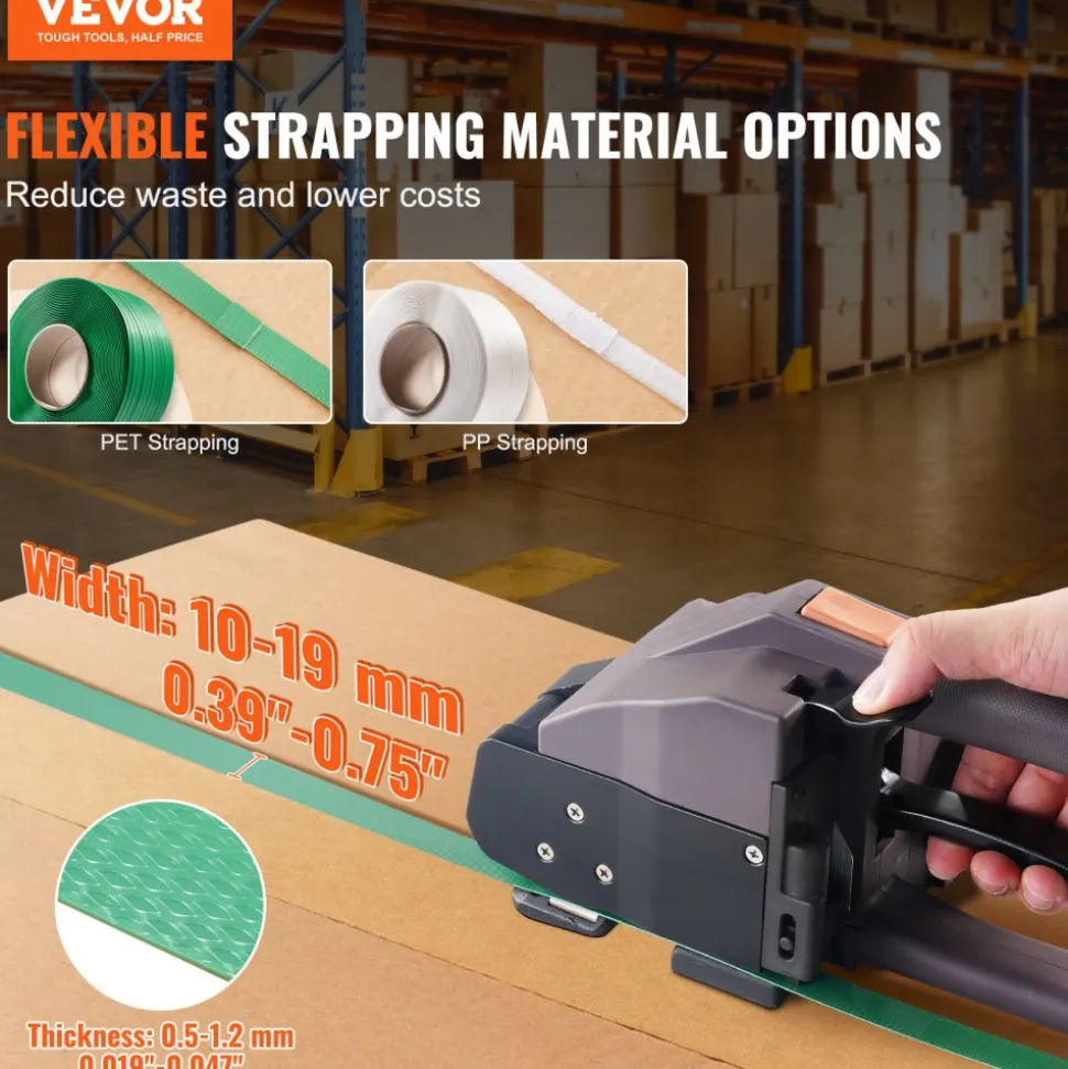 VEVOR Electric Strapping Machine, for 0.39"-0.75" PP PET Straps, Portable Electric Banding Tool with Digital Display, 2 x 4000mAh Battery Powered Automatic Strapping Tool for Packaging Box Pallet