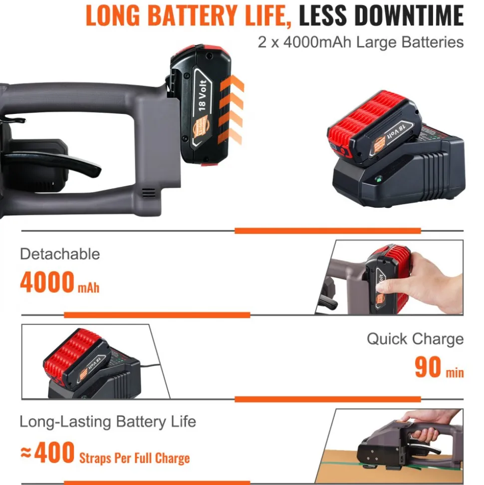VEVOR Electric Strapping Machine, for 0.39"-0.75" PP PET Straps, Portable Electric Banding Tool with Digital Display, 2 x 4000mAh Battery Powered Automatic Strapping Tool for Packaging Box Pallet