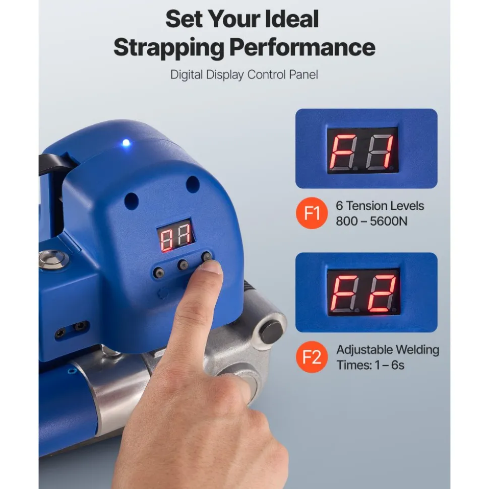 VEVOR Electric Strapping Machine, 2 x 4000mAh Batteries, Automatic Strapping Tool with Digital Display for 0.394-0.748 inches Wide PET Straps, Handheld Banding Tools for Packaging Box Pallet