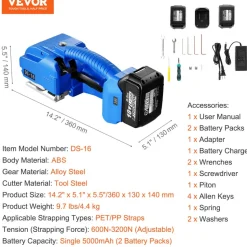 VEVOR Electric Strapping Machine, for 0.35"-0.63" PP PET Straps, Portable Electric Banding Tool with Digital Display, 2 x 5000mAh Battery Powered Automatic Strapping Tool for Packaging Box Pallet