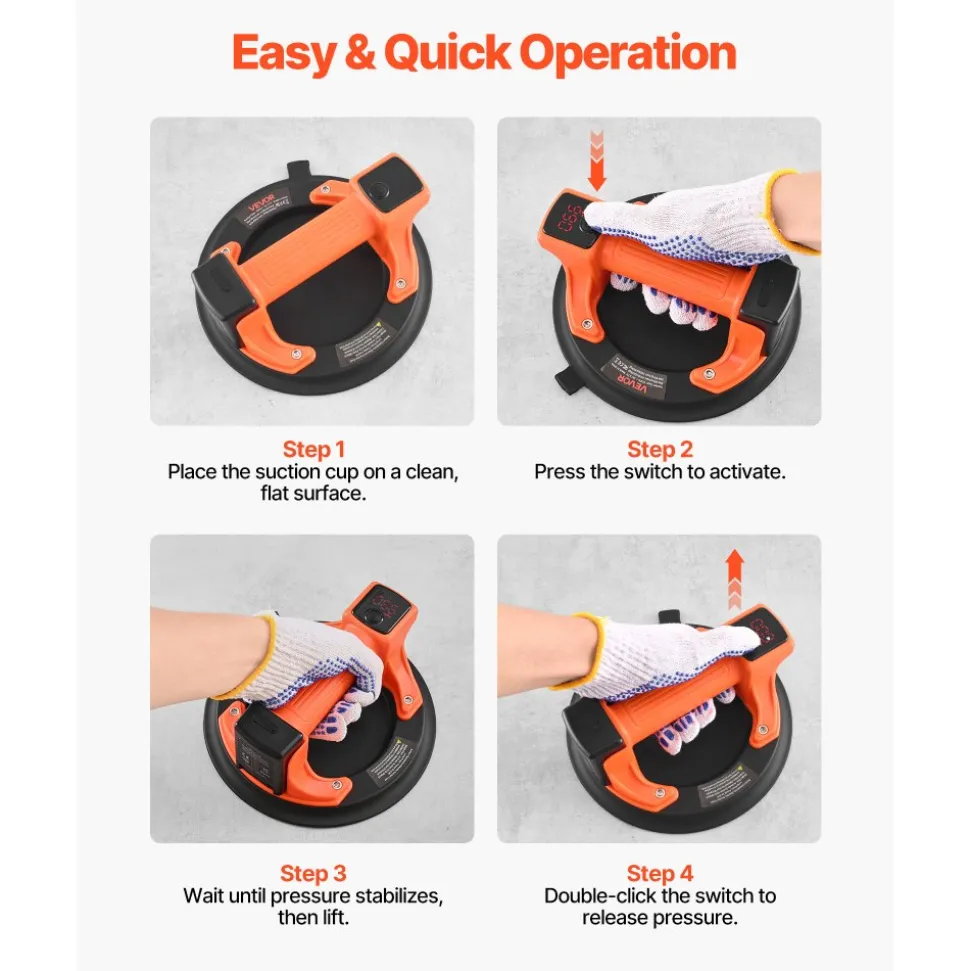 VEVOR Electric Suction Cup, 8-Inch Vacuum Glass Lifter with Digital Display for Suction Power & Battery Level, 440 lbs Max Lifting Capacity Tile Suction Cup Tool for Lifting Tile, Granite (1-Pack)
