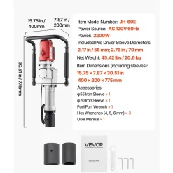 VEVOR Electric T Post Driver, 2200W Handheld Post Pounder with 2.17 in/55mm, 2.76 in/70mm Sleeves, Powerful Pile Driver for Fence,Metal Fencing, Farm, Garden, Construction, Landscaping Projects