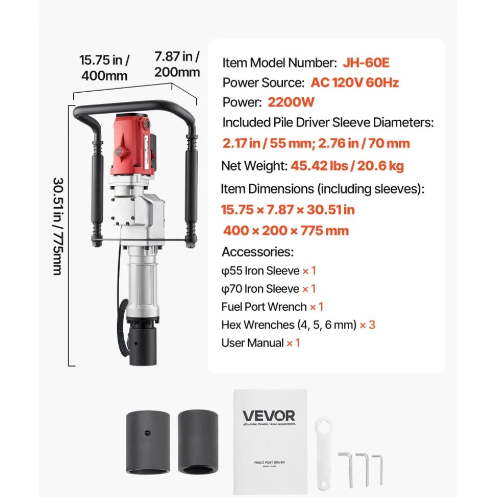 VEVOR Electric T Post Driver, 2200W Handheld Post Pounder with 2.17 in/55mm, 2.76 in/70mm Sleeves, Powerful Pile Driver for Fence,Metal Fencing, Farm, Garden, Construction, Landscaping Projects