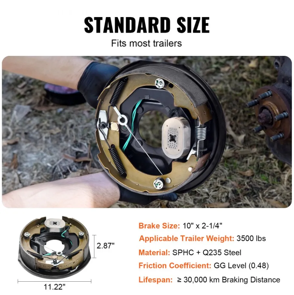 VEVOR Electric Trailer Brake Assembly, 10" x 2-1/4", 2 Pairs Self-Adjusting Electric Brakes Kit for 3500 lbs Axle, 4-Hole Mounting, Backing Plates for Brake System Part Replacement (2 Right + 2 Left)