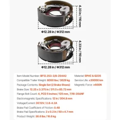 VEVOR Electric Trailer Brake Kit, 12.25 x 3.375 Inch, 1 Pair Self-Adjusting Electric Brakes Kit for 8000 lbs Trailer Axle, Backing Plates for Braking System Part Replacement, Fit for Trailers, RVs