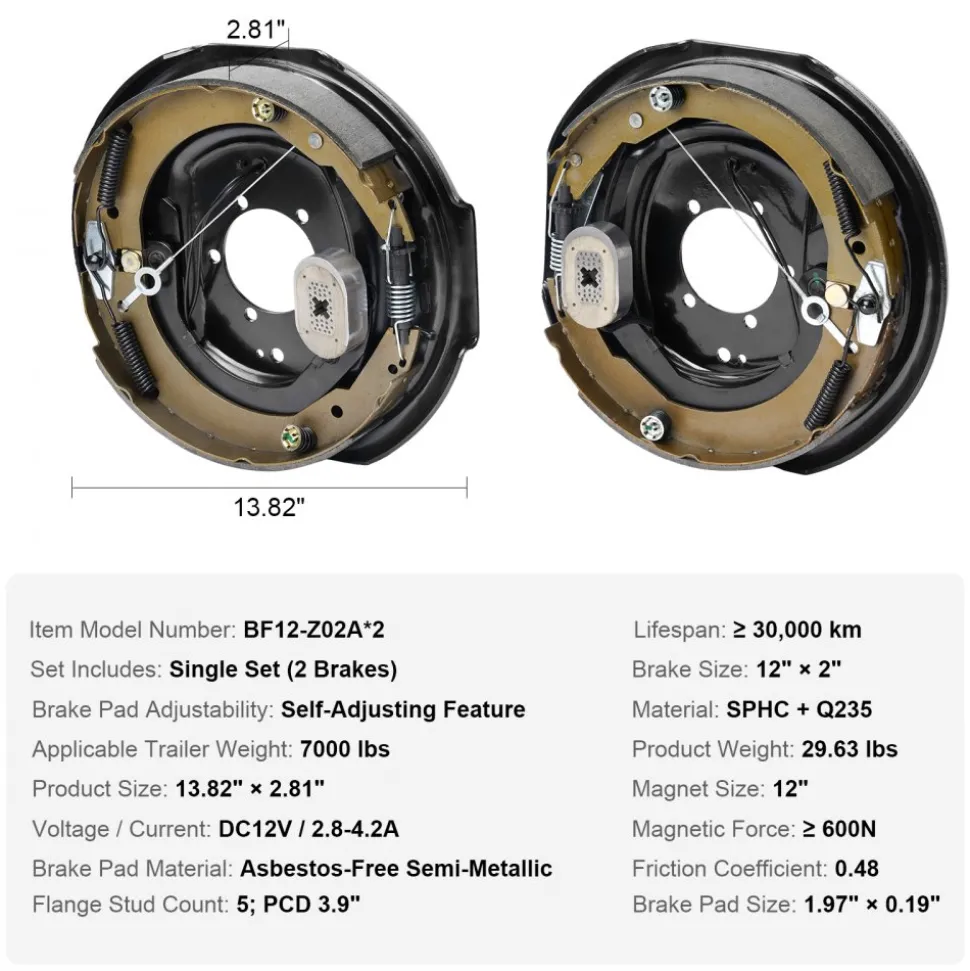 VEVOR Electric Trailer Brake Assembly, 12" x 2", 1 Pair Self-Adjusting Electric Brakes Kit for 7000 lbs Axle, 5-Hole Mounting, Backing Plates for Braking System Part Replacement (1 Right + 1 Left)