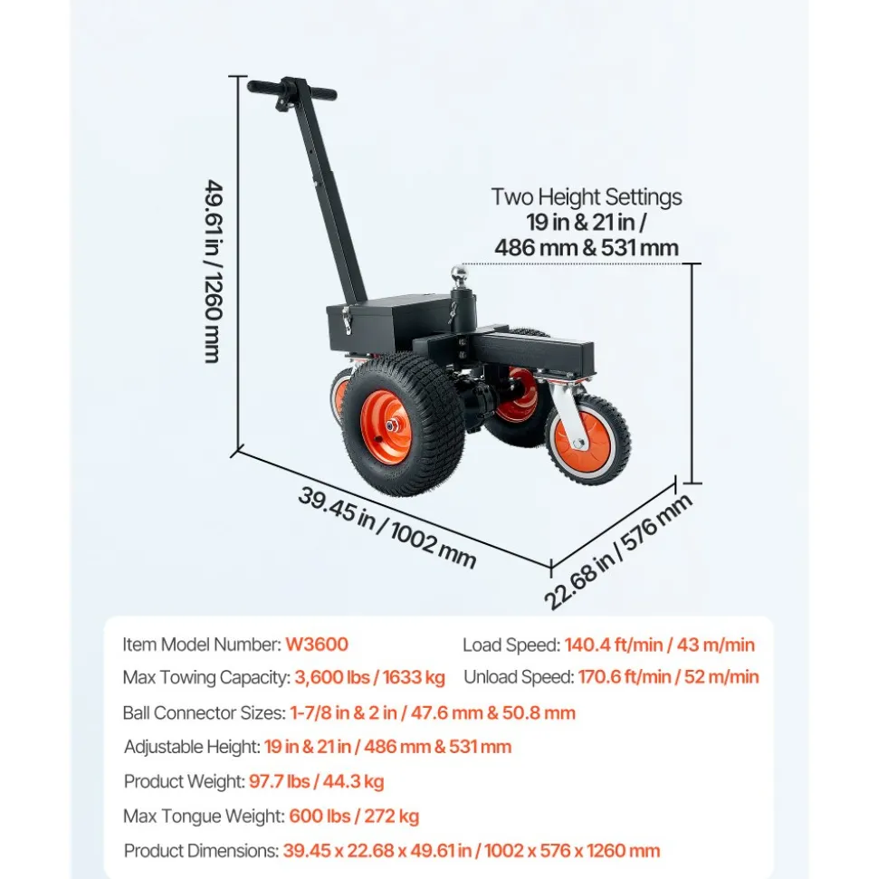 VEVOR Electric Trailer Dolly, 3600 lbs Capacity 800W 600 lbs Tongue Load, for RV Campers, Cargo, Utility & Boat Trailers, 2 in & 1-7/8 in Hitch Balls, Moving & Positioning Trailers, Heavy-Duty Steel