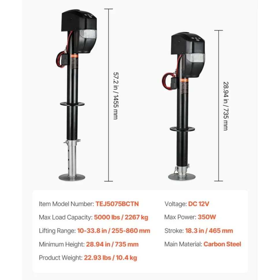 VEVOR Electric Trailer Jack, 5000 lbs, Heavy Duty RV Electric Power Tongue Jack with 2 Way Connector, Remote Control, Crank Handle & Weatherproof Jack Cover, 10"-28.3" Lift, for Trailers & Campers