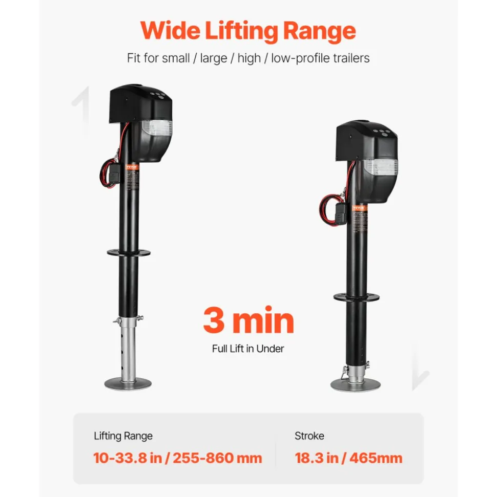 VEVOR Electric Trailer Jack, 5000 lbs, Heavy Duty RV Electric Power Tongue Jack with 2 Way Connector, Remote Control, Crank Handle & Weatherproof Jack Cover, 10"-28.3" Lift, for Trailers & Campers