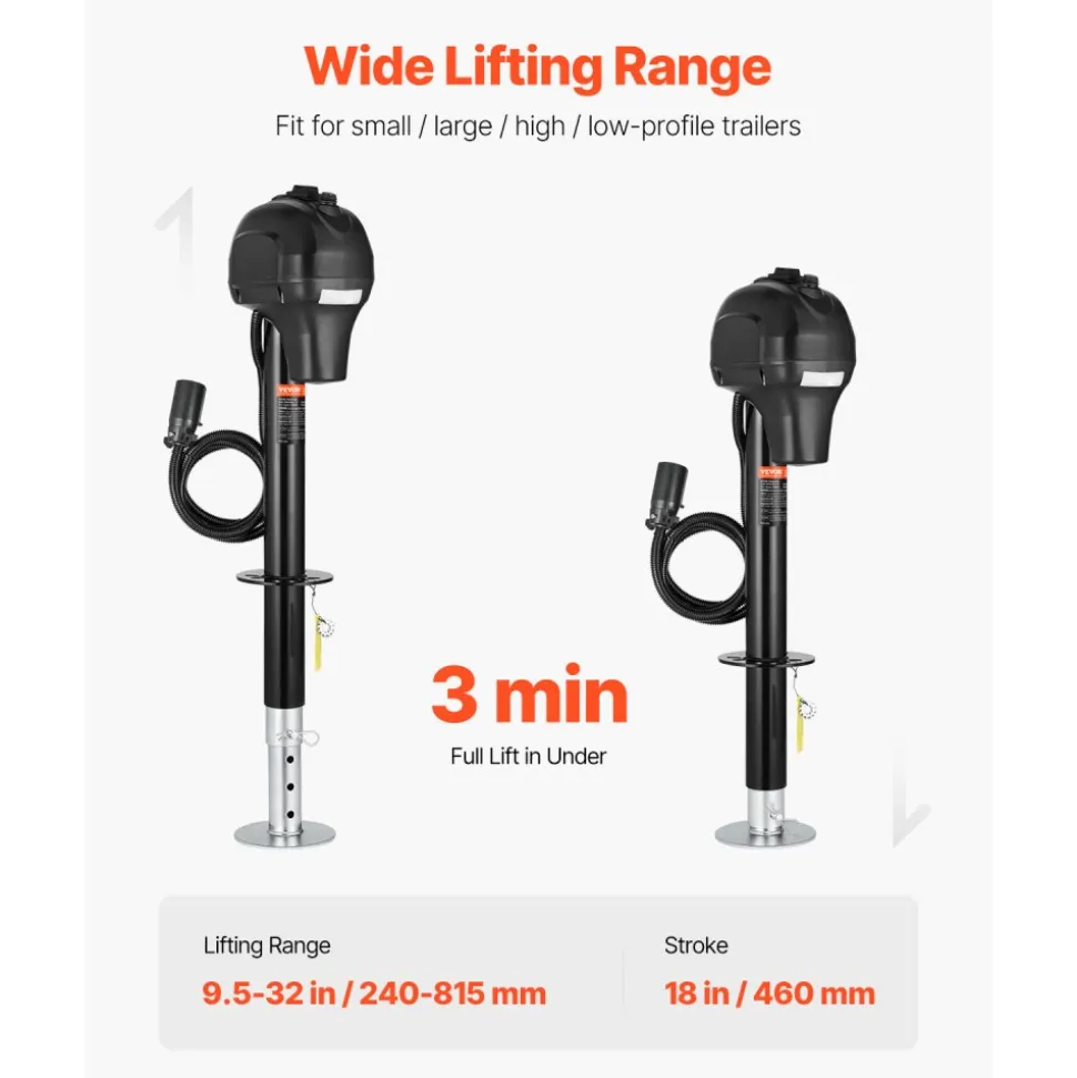 VEVOR Electric Trailer Jack, 3500 lbs, Heavy Duty RV Electric Power Tongue Jack with 7-pin Connector, Manual Crank Handle & Weatherproof Jack Cover, 9.5"-27.5" Lift, for Trailers, Campers & RVs, Black