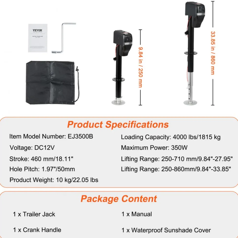 VEVOR Electric Trailer Jack, Power Tongue Jack Weight Capacity 4000 lbs, 9.84"-33.85" Electric Tongue Jack with Waterproof Cover for Lifting RV Trailer, Horse Trailer, Utility Trailer, Yacht Trailer
