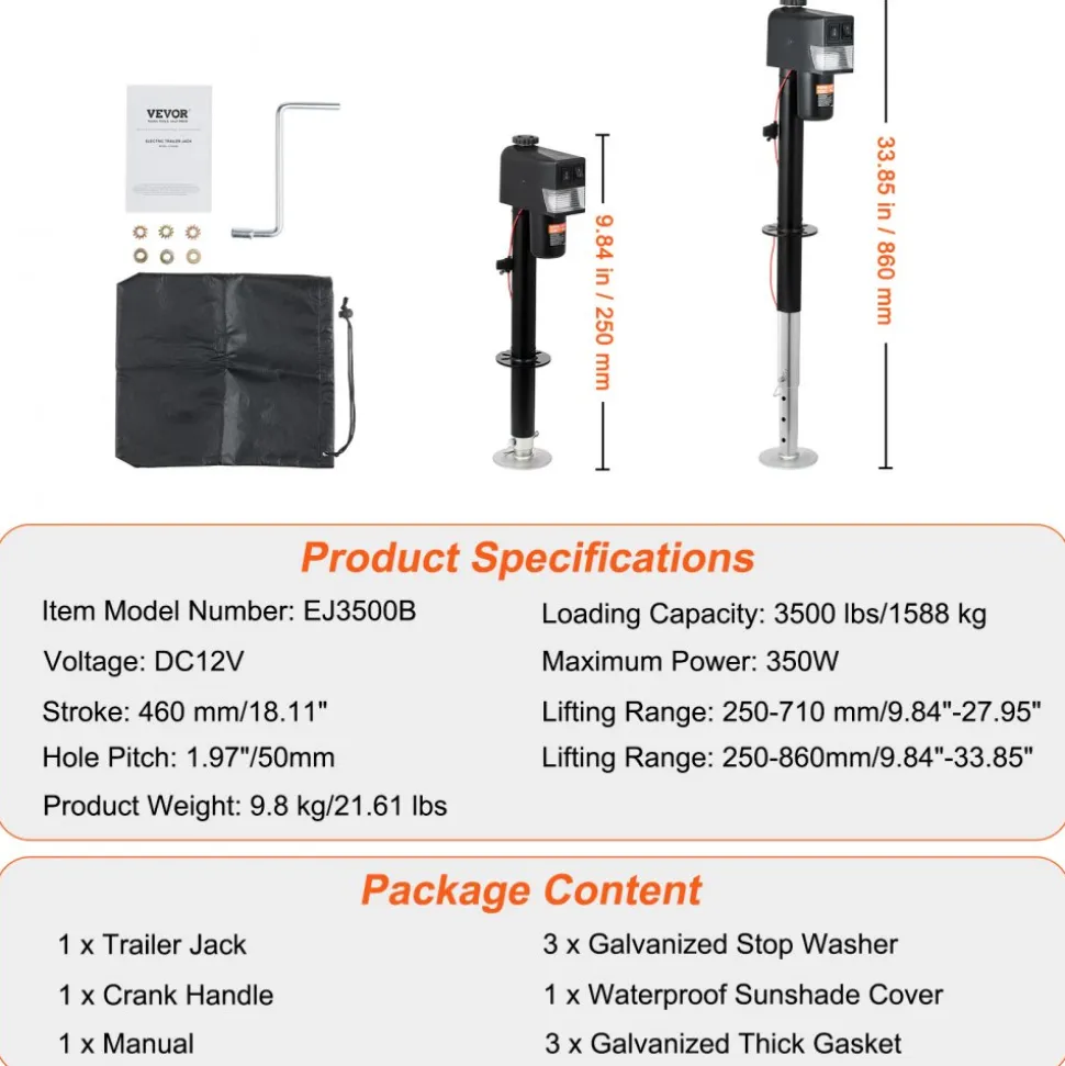 VEVOR Electric Trailer Jack, Power Tongue Jack Weight Capacity 3500 lbs, 9.84"-33.85" Electric Tongue Jack with Waterproof Cover for Lifting RV Trailer, Horse Trailer, Utility Trailer, Yacht Trailer