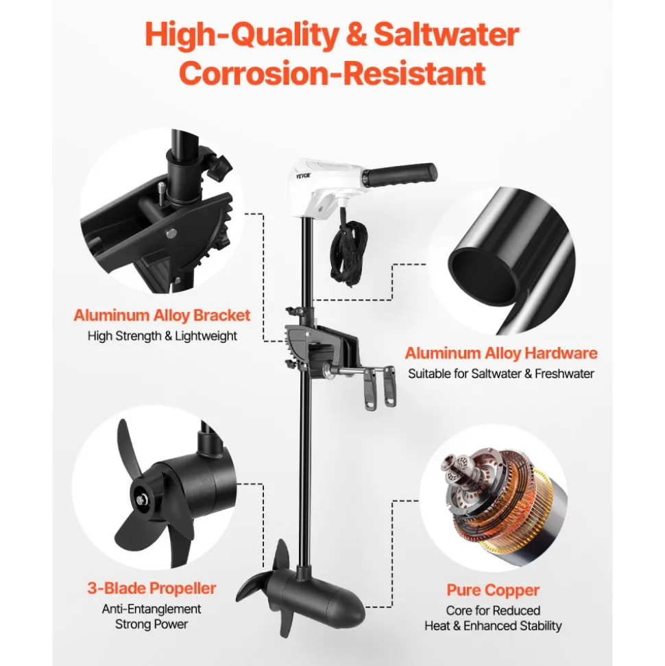 VEVOR Electric Trolling Motor, Transom Mounted Outboard Boat Motors 12V 55lbs Thrust, 8-Speed Electric Boat Engine w/ Battery Indicator, for Kayaks, Fishing Boats on Freshwater/Saltwater, 30-In Shaft