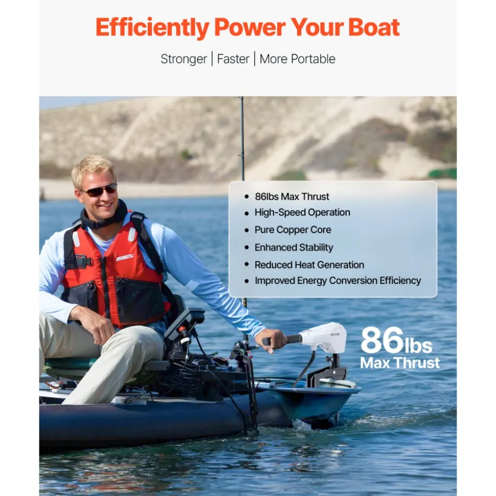 VEVOR Electric Trolling Motor, Transom Mounted Outboard Boat Motors 24V 86lbs Thrust, 8-Speed Electric Boat Engine w/ Battery Indicator, for Kayaks, Fishing Boats on Freshwater/Saltwater, 36-In Shaft