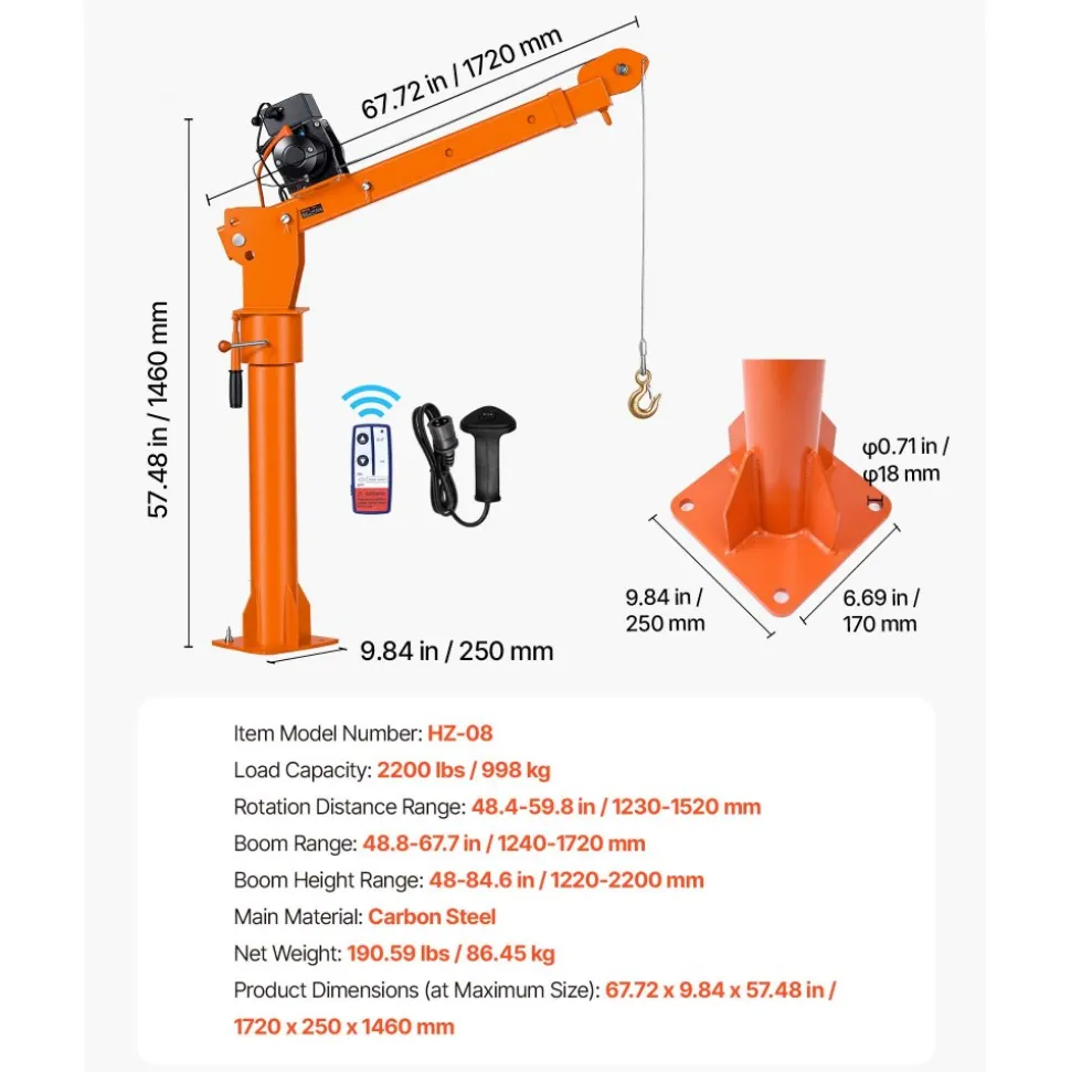 VEVOR Electric Truck Crane, 2200 lbs Pickup Truck Crane with 12V 6000 lbs Electric Winch, 360° Rotating Telescopic Boom, Premium Galvanized Steel, Foldable Pickup Bed Jib for Machine Lumber Lifting