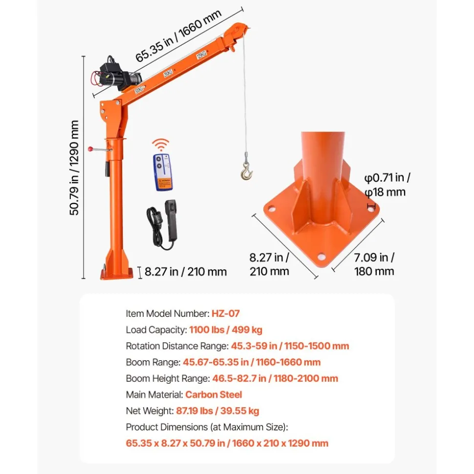 VEVOR Electric Truck Crane, 1100 lbs Pickup Truck Crane with 12V 3000 lbs Electric Winch, 360° Rotating Telescopic Boom, Premium Galvanized Steel, Foldable Pickup Bed Jib for Machine Lumber Lifting