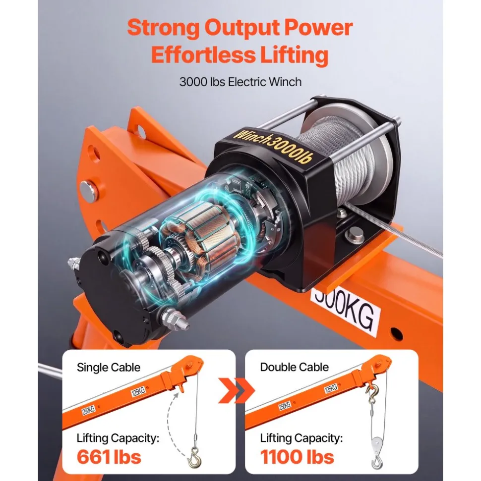 VEVOR Electric Truck Crane, 1100 lbs Pickup Truck Crane with 12V 3000 lbs Electric Winch, 360° Rotating Telescopic Boom, Premium Galvanized Steel, Foldable Pickup Bed Jib for Machine Lumber Lifting