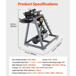 VEVOR Electric Tube Bending Machine, 750W Electric Tubing Bender with 6L Hydraulic Cylinder, Movable Pipe Bender Machine with 3 Dies & 180° Max Bending Angle, Suitable for 1", 1-1/2", 1-3/4" Pipes