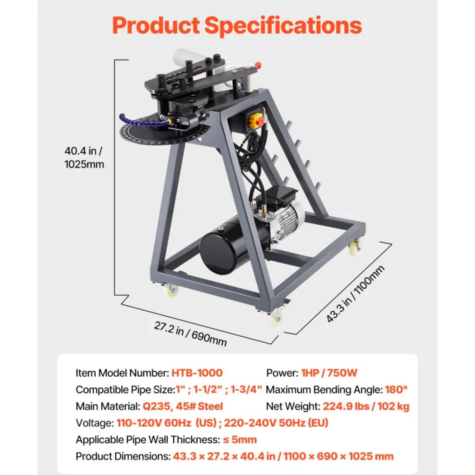 VEVOR Electric Tube Bending Machine, 750W Electric Tubing Bender with 6L Hydraulic Cylinder, Movable Pipe Bender Machine with 3 Dies & 180° Max Bending Angle, Suitable for 1", 1-1/2", 1-3/4" Pipes