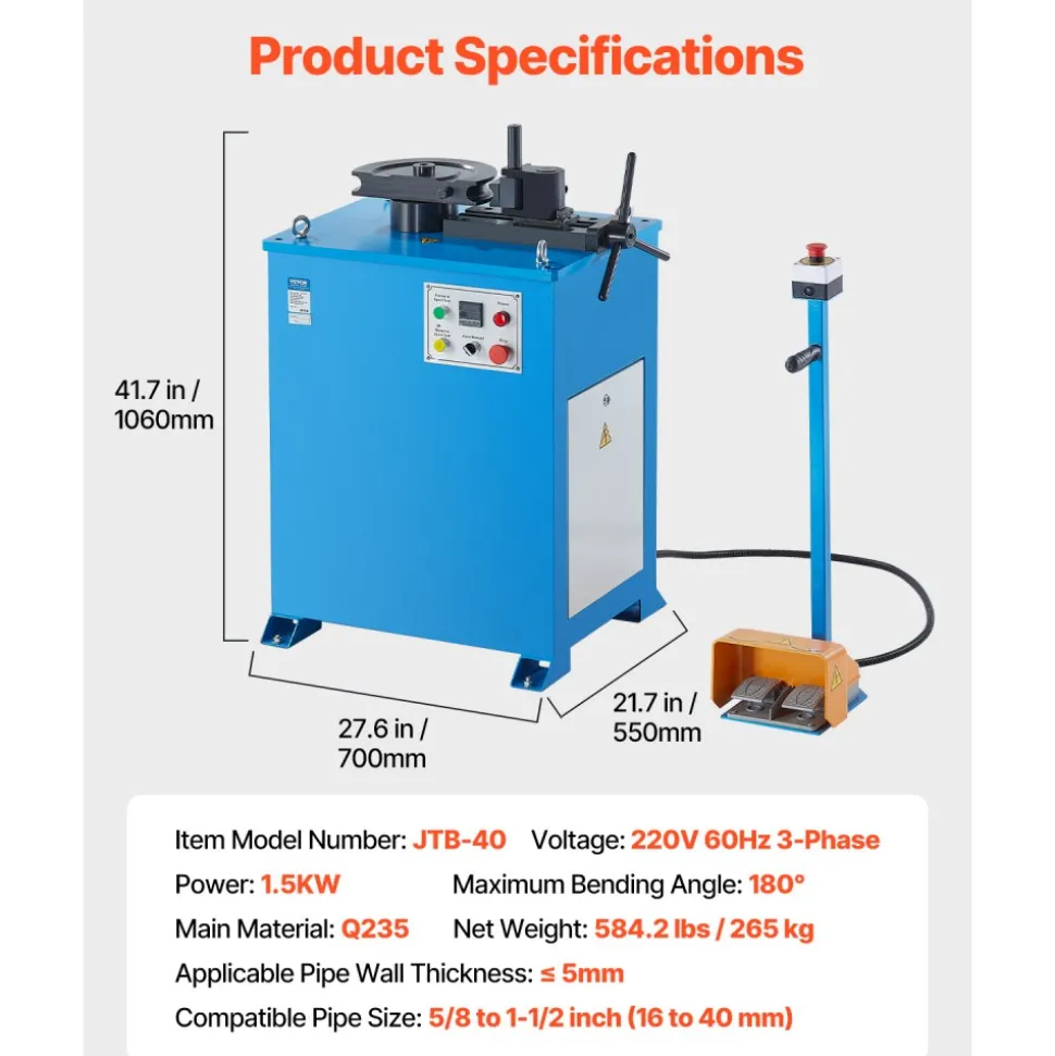 VEVOR Electric Tube Bending Machine, 1.5 KW Electric Tube Bender for 5/8 to 1-1/2 inch Pipes, Pipe Bender Machine with 5 Set Dies, Manual & Auto Modes and 180° Max Bending Angle (220V 60Hz 3-Phase)