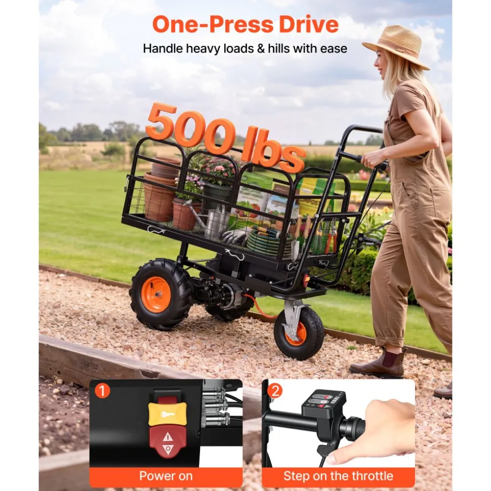 VEVOR Electric Utility Cart, 36V 432Wh Battery Powered Electric Wagon, 500W Power Wheelbarrow with Brake, 500 lbs Load Heavy Duty Steel Garden Cart for Farm and Yard All Purpose Modular Cargo Bed