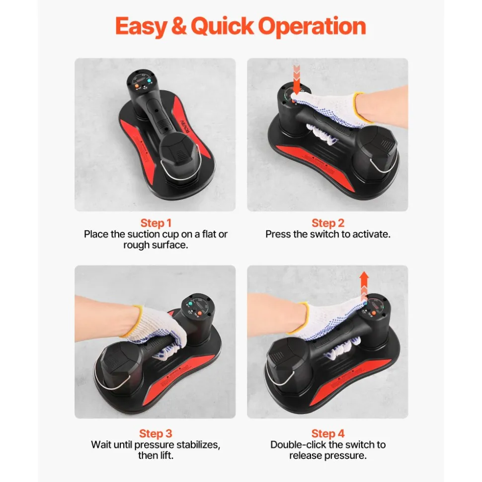 VEVOR Electric Vacuum Suction Cup, 375 lbs Max Lifting Capacity, Vacuum Glass Lifter with Digital Display, Heavy Duty Tile Suction Cup Tool for Lifting Tile, Granite, Wood, Paver, Drywall, Windows