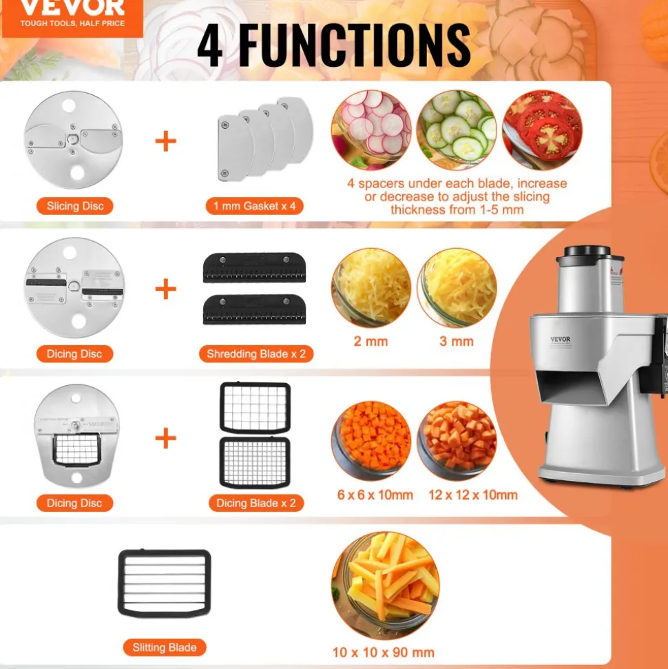 VEVOR Electric Vegetable Slicer, 4 in 1 Multifunctional Food Cutter, 200W Vegetable Chopper for Slicing Shredding Dicing and Slitting, with Cut-Resistant Gloves, for Commercial and Home Use