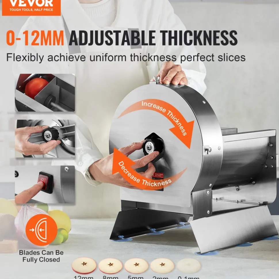 VEVOR Electric Vegetable Slicer, 0-0.5"/0-12mm Thickness Adjustable Commercial Slicer Machine, Convertible to Manual, Stainless Steel Food Cutter Slicing Machine, for Potato, Lemon, Tomato, Apple