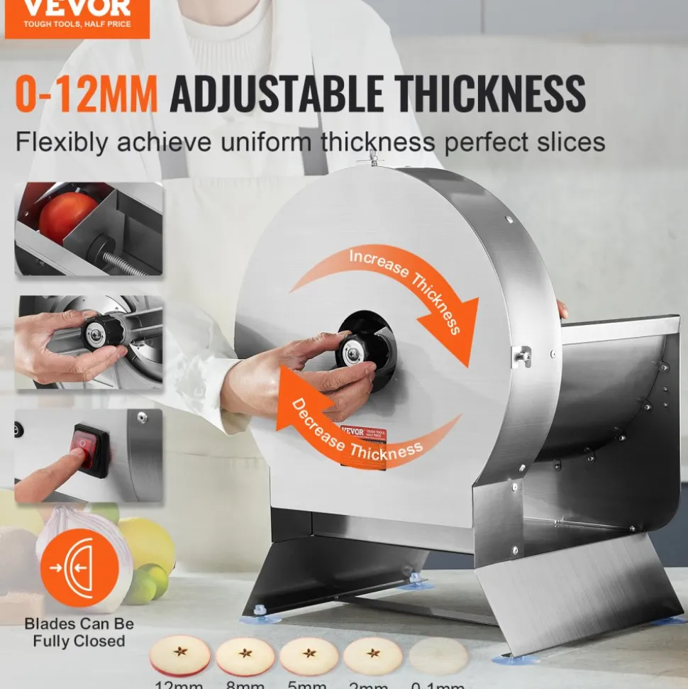 VEVOR Electric Vegetable Slicer, 0-0.5"/0-12mm Thickness Adjustable Commercial Slicer Machine, Convertible to Manual, Stainless Steel Food Cutter Slicing Machine, Large Feed Port for Potato, Tomato