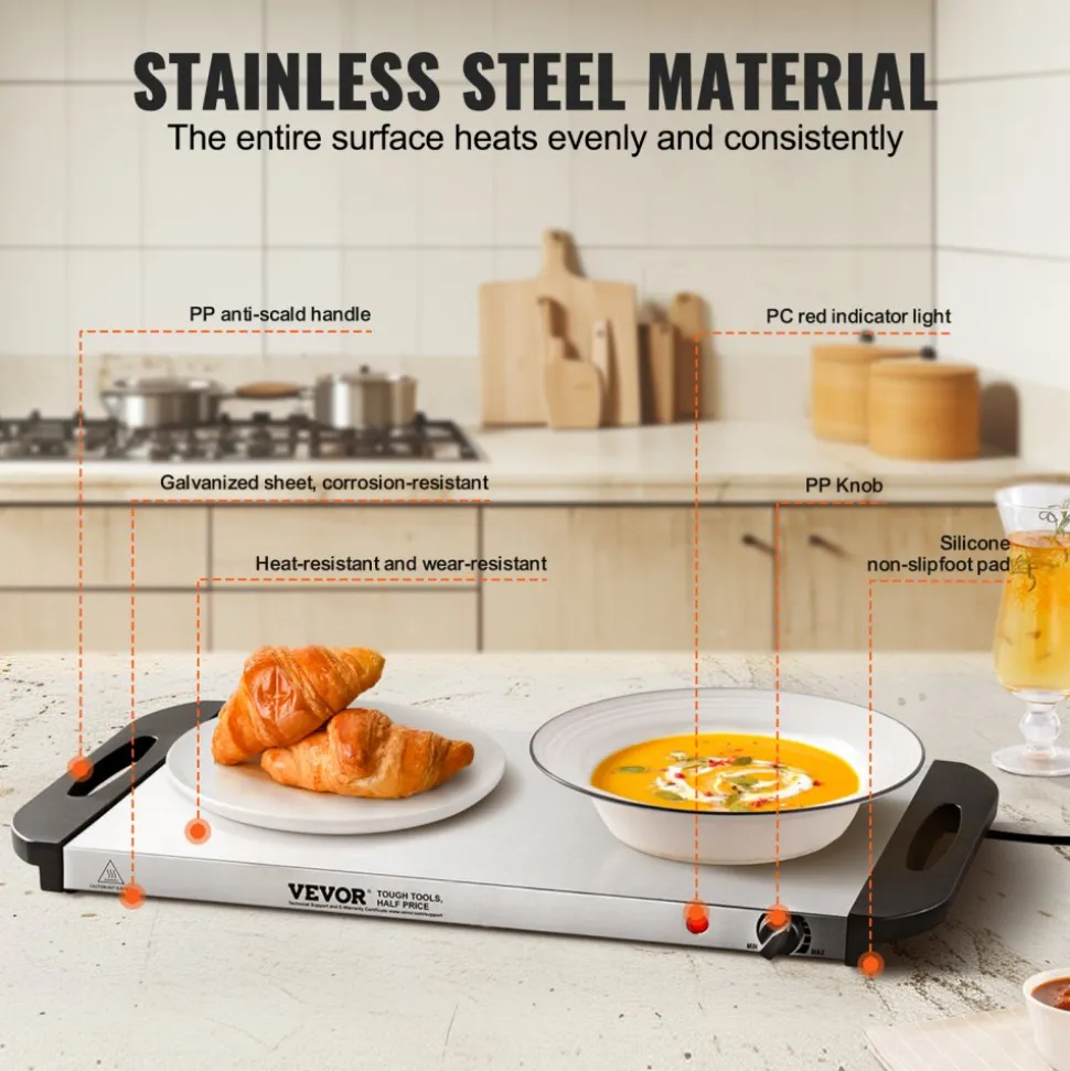 VEVOR Electric Warming Tray, Food Warming Trays for Buffet, Warming Trays with Adjustable Temperature Control, Portable Stainless Steel Food Warmer, Hot Plate Perfect for Parties, Catering, Holidays