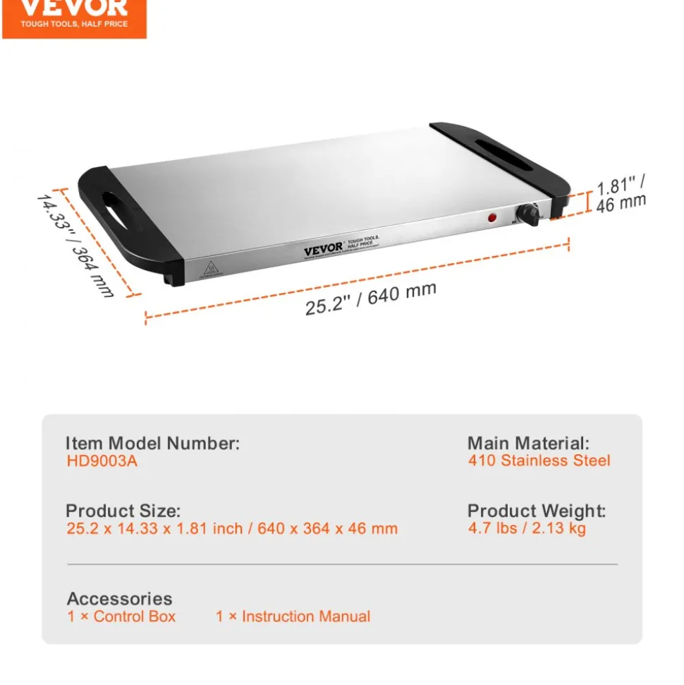 VEVOR Electric Warming Tray, Food Warming Trays for Buffet, Warming Trays with Adjustable Temperature Control, Portable Stainless Steel Food Warmer, Hot Plate Perfect for Parties, Catering, Holidays