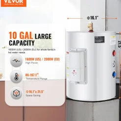 VEVOR Electric Water Heater, 10 Gallon Tank Instant Hot Water Heater, 1.6Kw Tankless Water Heater w/ LED Display,Knob Control, IPX4 Waterproof Side Connection On Demand Heaters for Shower, Bath