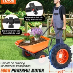 VEVOR Electric Wheelbarrow Cart, 500W Powered Utility Garden Wagon Dump Cart, 4.5 Cu Ft Load & 573 lbs Capacity with Metal Handle & 16