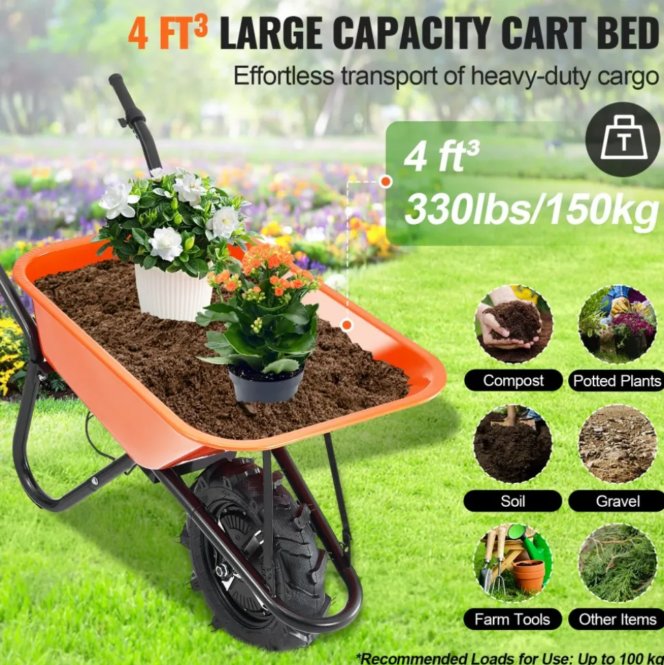 VEVOR Electric Wheelbarrow Cart, 500W Powered Utility Garden Wagon Dump Cart, 5 Cu. Ft. Load & 330 lbs Capacity with Metal Handle & 16" Track Wheels, One Wheel Barrow Yard Cart & Wagons for Lawn Farm