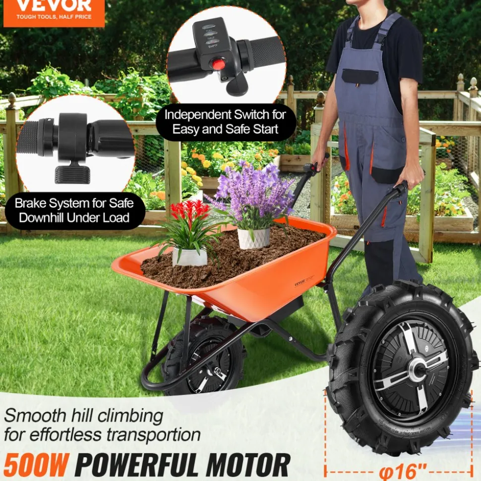 VEVOR Electric Wheelbarrow Cart, 500W Powered Utility Garden Wagon Dump Cart, 5 Cu. Ft. Load & 330 lbs Capacity with Metal Handle & 16" Track Wheels, One Wheel Barrow Yard Cart & Wagons for Lawn Farm