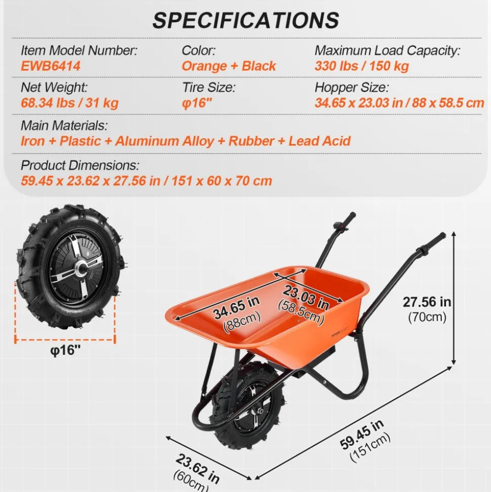 VEVOR Electric Wheelbarrow Cart, 500W Powered Utility Garden Wagon Dump Cart, 5 Cu. Ft. Load & 330 lbs Capacity with Metal Handle & 16" Track Wheels, One Wheel Barrow Yard Cart & Wagons for Lawn Farm