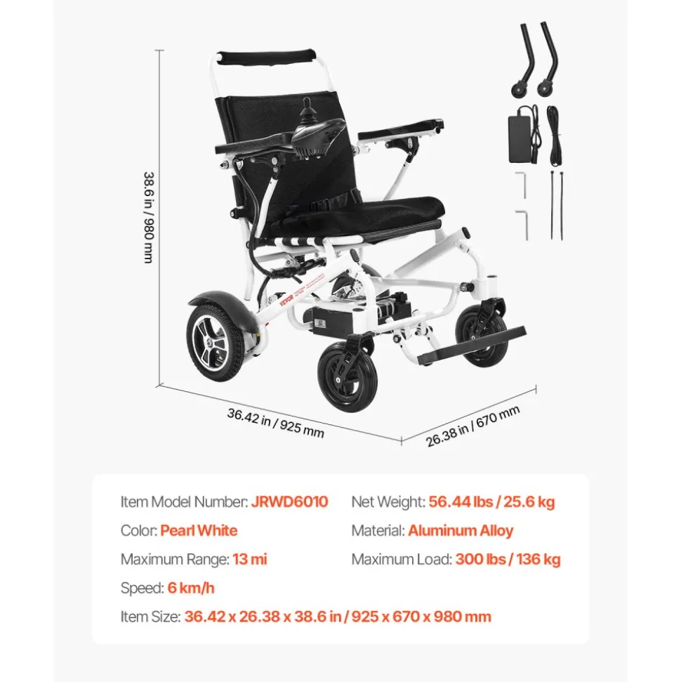 VEVOR Electric Wheelchair for Adults, 300lbs Capacity, Foldable & Lightweight Motorized Wheelchair, 13-Mile Long Travel Range, All-Terrain Powered Chair, Portable 21 inch Seat for Seniors & Disabled