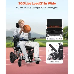 VEVOR Electric Wheelchair for Adults, 300lbs Capacity with Adjustable Backrest, Foldable Lightweight Motorized Wheelchair,13-Mile Range,All-Terrain Powered,Portable 21” Seat for Seniors & Disabled