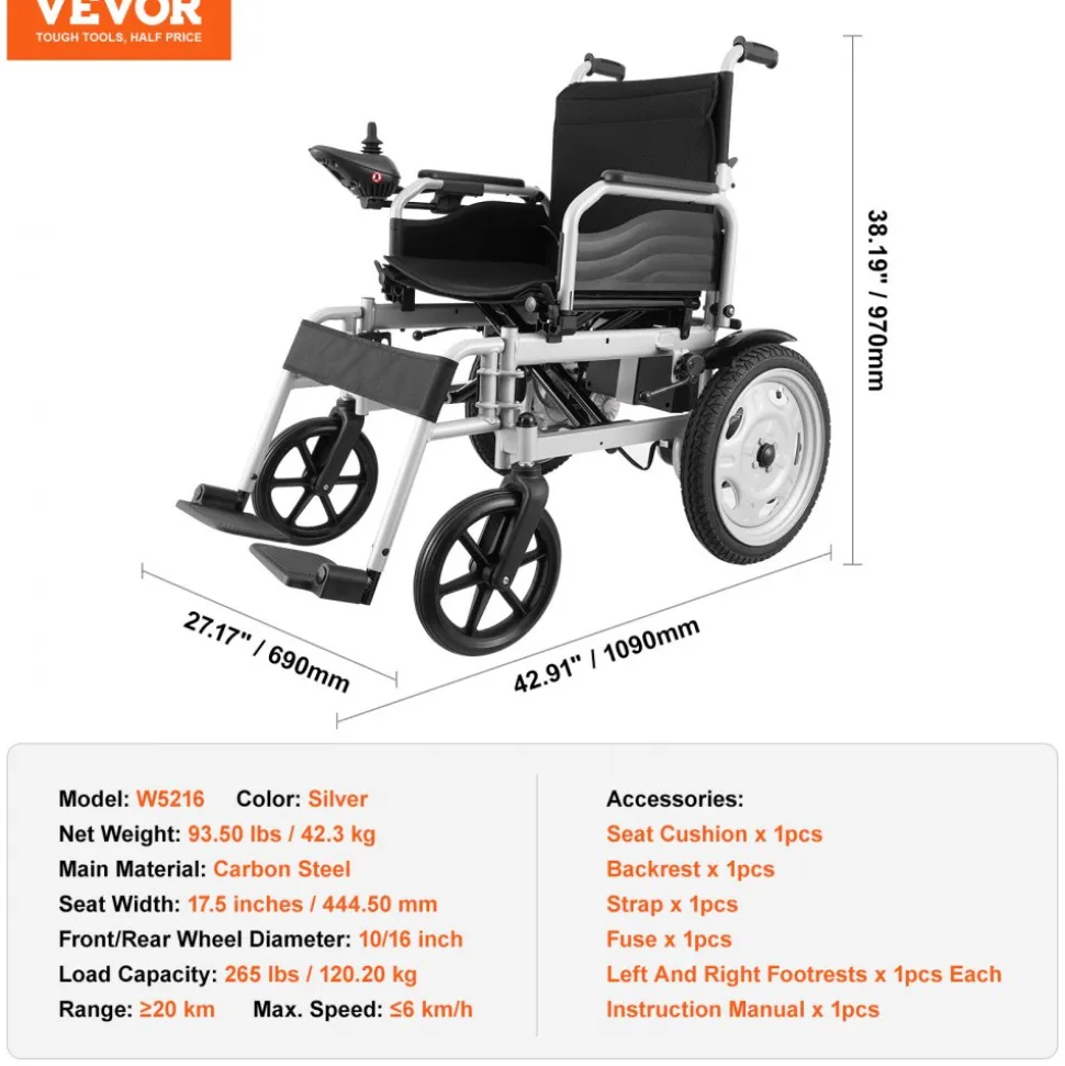 VEVOR Electric Wheelchair for Adults Seniors, 265 lbs Weight Capacity, 17.5in Width Lightweight Foldable Motorized Power Wheelchairs, UP to 12.5Miles Range All Terrain Power Chair, Adjustable Backrest